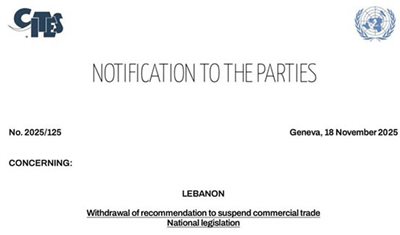 بيان إعلامي صادر عن وزارة الزراعة اللبنانية حول تحديث وضع لبنان في ما يتعلق بتنفيذ اتفاقية CITES